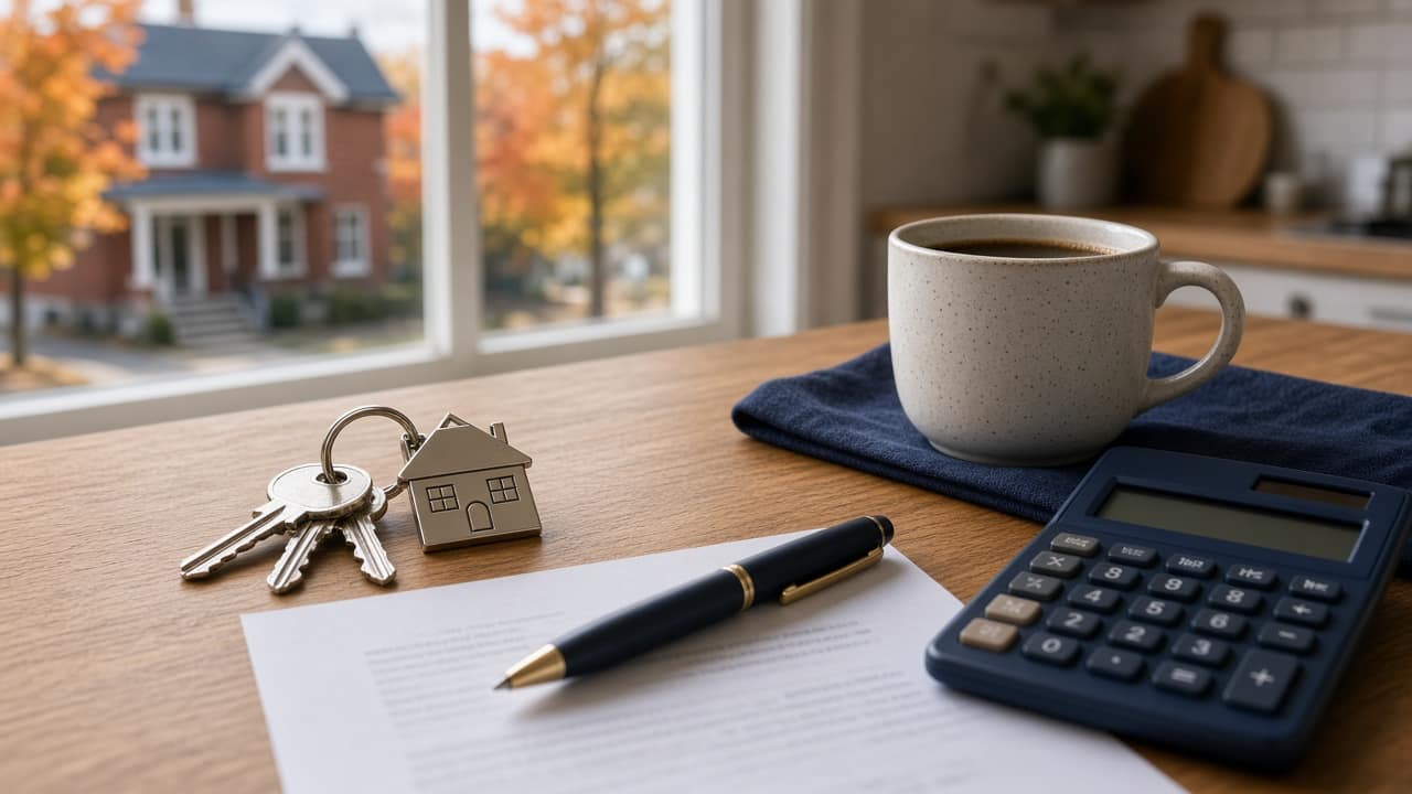 Clés de maison, calculatrice et tasse de café sur un bureau, avec une maison vue par la fenêtre en automne